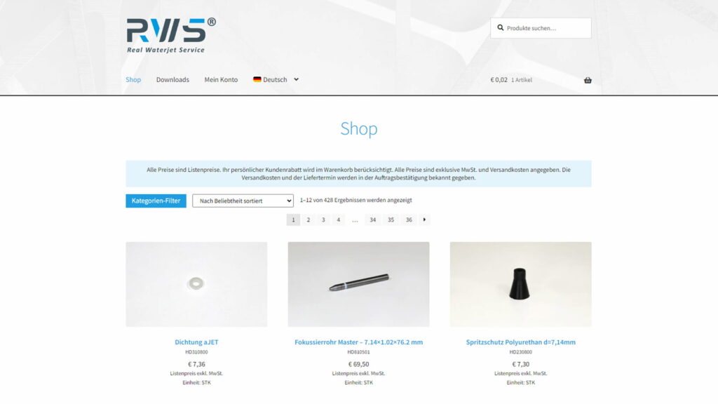 Screenshot van de online shop van RWS Waterjet Service GmbH